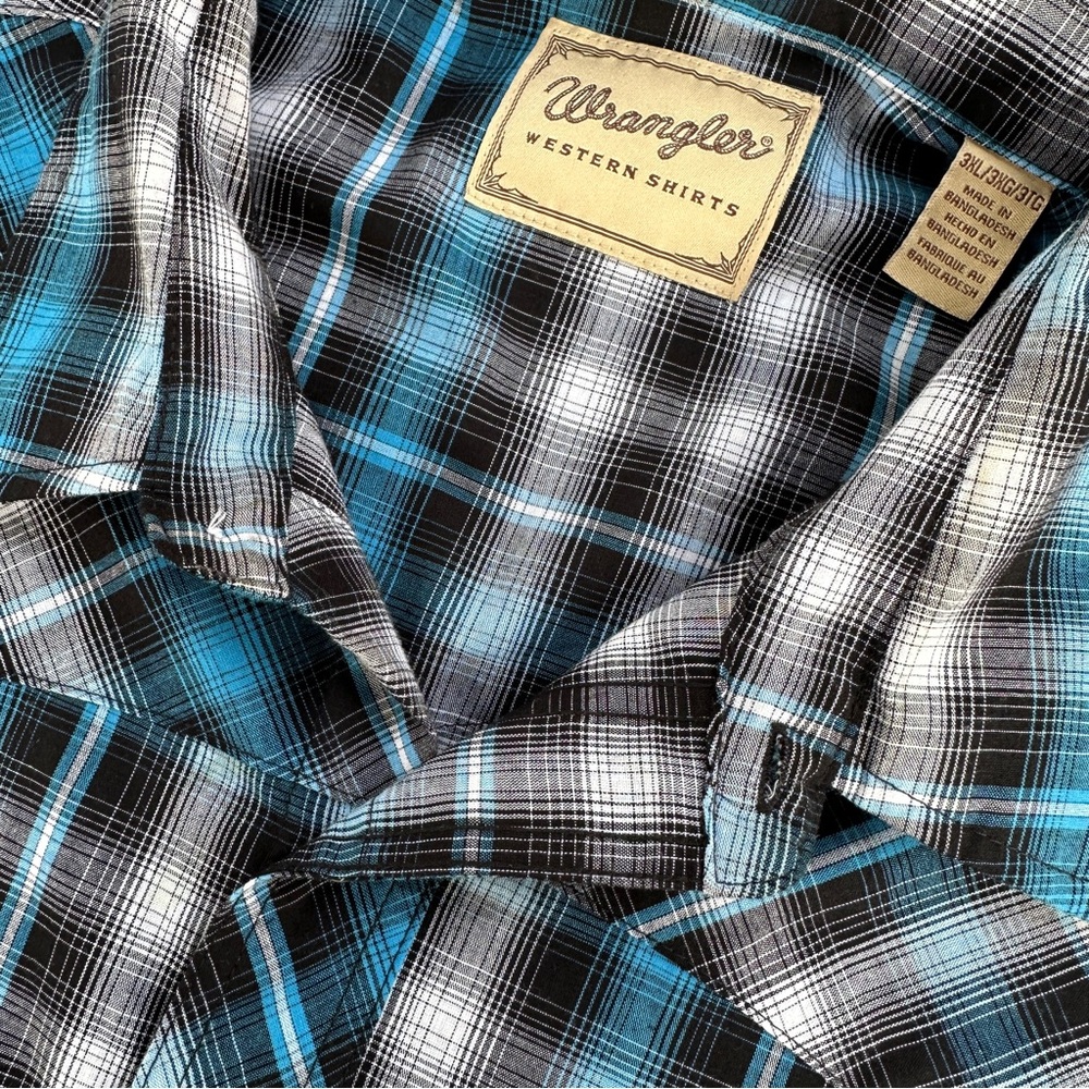 Wrangler Mens Western Long Sleeve Button Up Plaid Shirt Pearl Snaps 3XL Blue